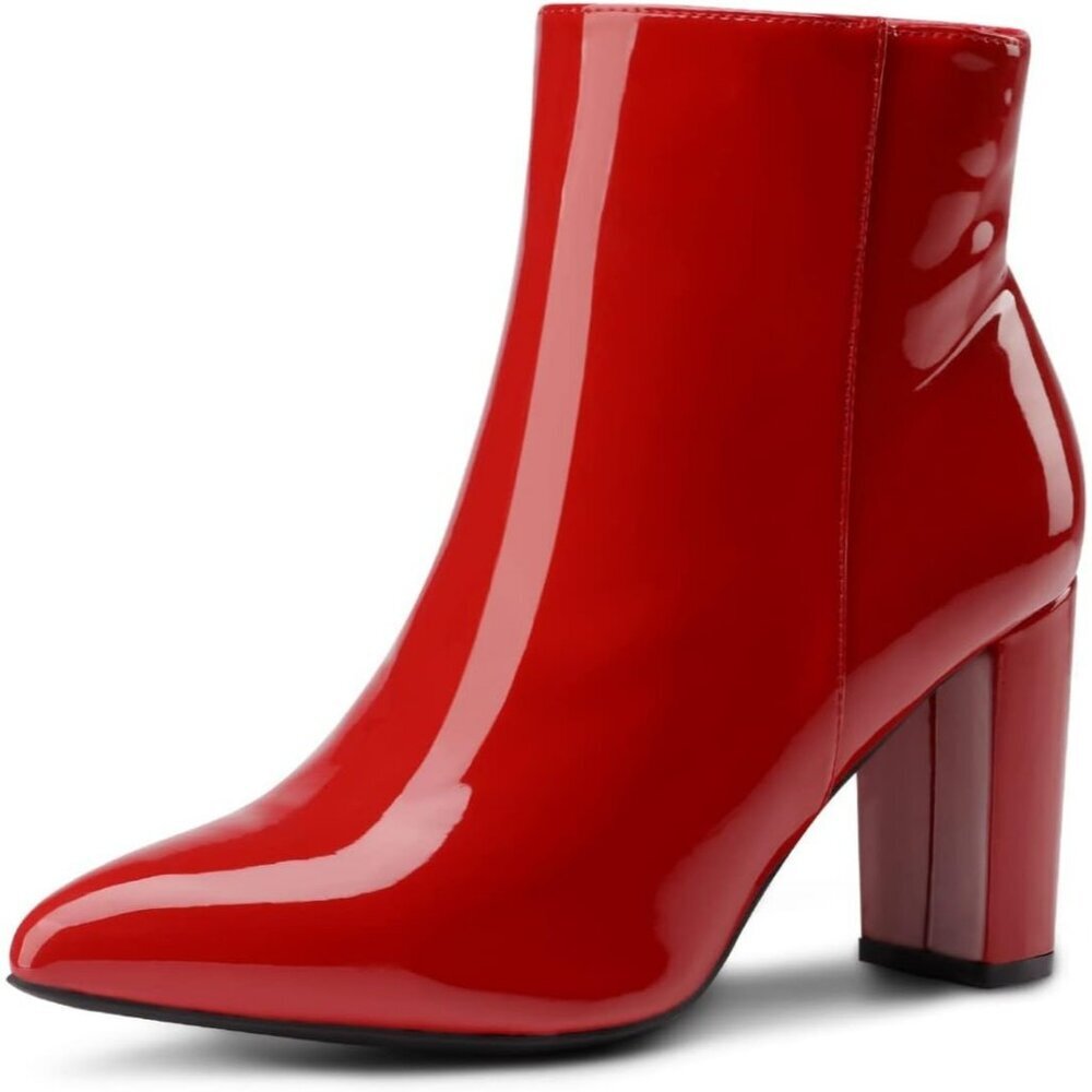 Dream Pairs Women's Red/Pat Pointed Toe Fur Lining Block Heel Ankle Booties